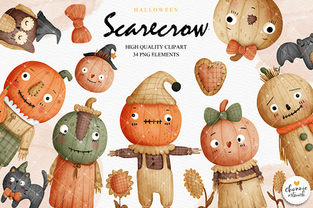 Halloween scarecrow clipart, an Illustration by Chonnieartwork