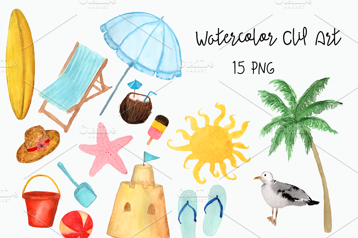 Watercolor Beach Clip Art, an Object Graphic by Tati Bordiu