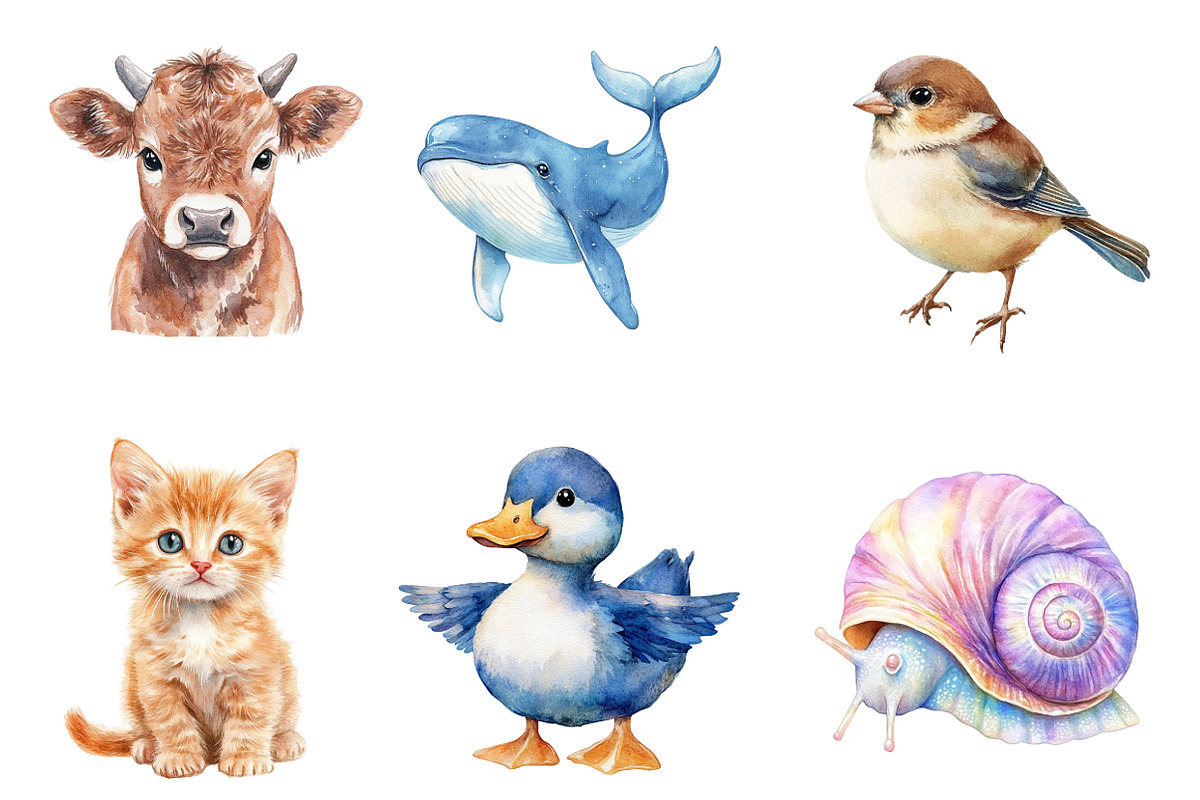 Watercolor Animals Cute Baby Animal, an Illustration by SinaCreation (Photo 3 of 7)