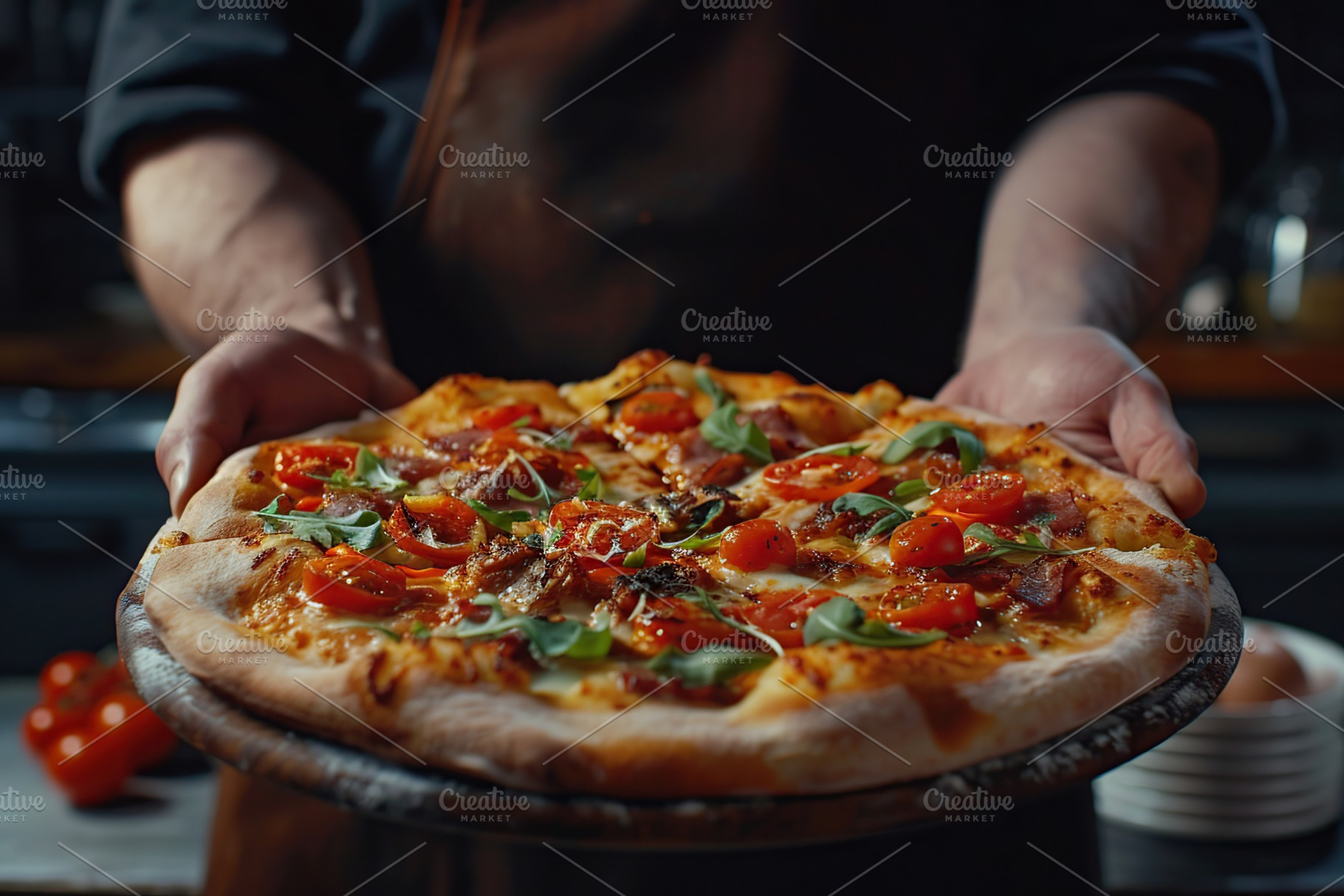 Male chef with hot pizza in restaurant, a Food & Drink Photo by AlyaAnd
