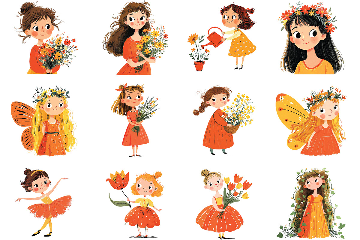 whimsical flowers and girls clipart, an Illustration by CraftArtStudio (Photo 2 of 6)