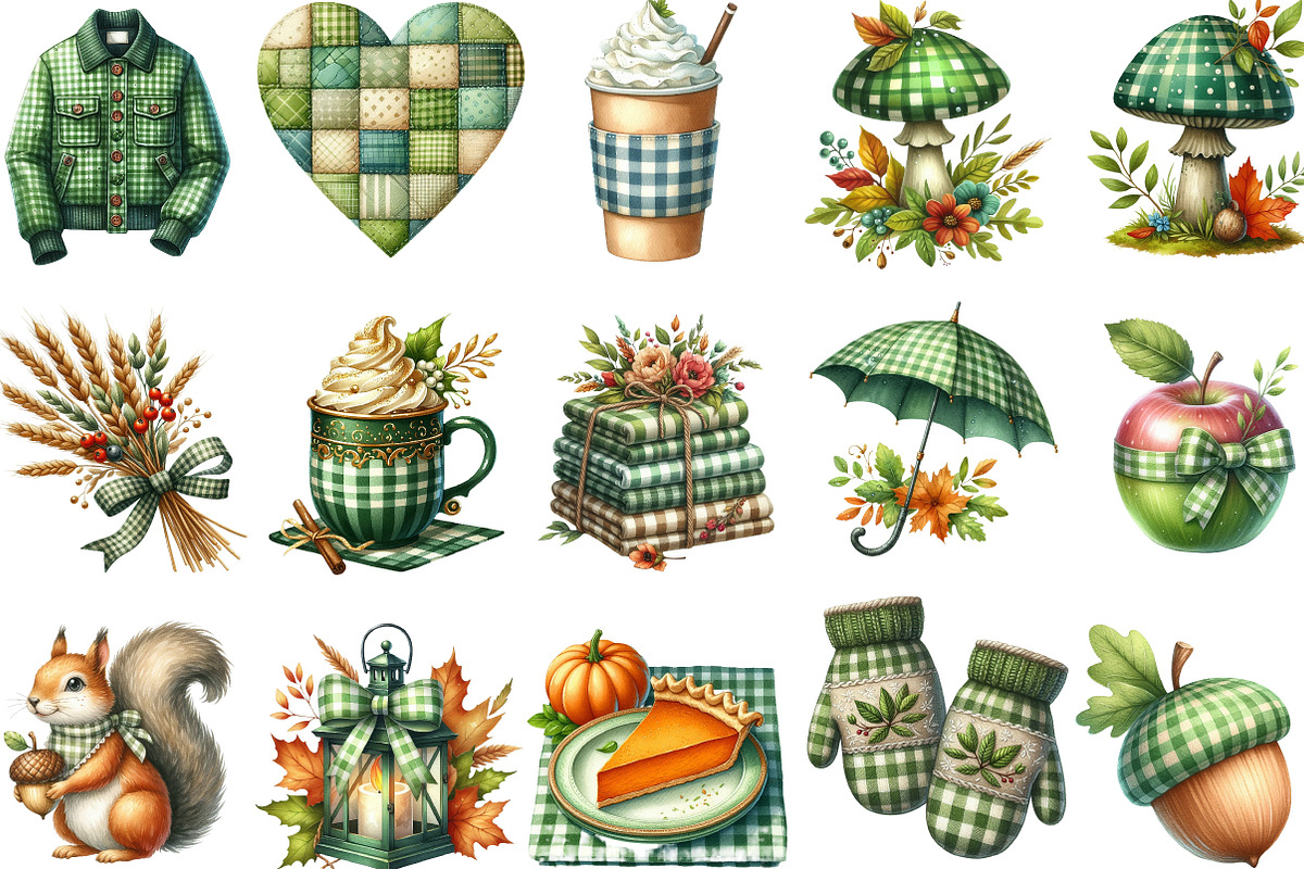 Green Gingham Autumn Clipart, an Illustration by Designking (Photo 2 of 4)
