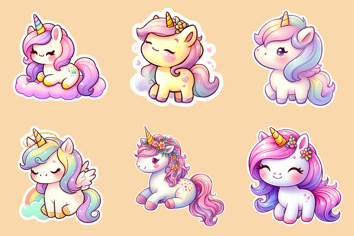 Kawaii Unicorn Stickers Clipart, an Illustration by Creative Art (Photo 2 of 9)