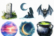 Watercolor Halloween Evening Clipart, an Illustration by Craft Nest (Thumbnail 2 of 6)