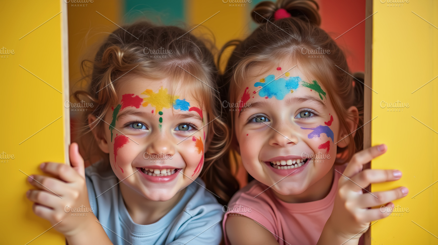 Happy girls with face paint playing, a Person Photo by angellodeco