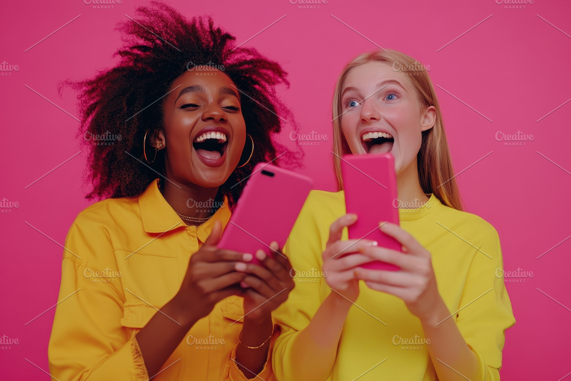 Excited young women using smartphone, a Photo by Pavel_design