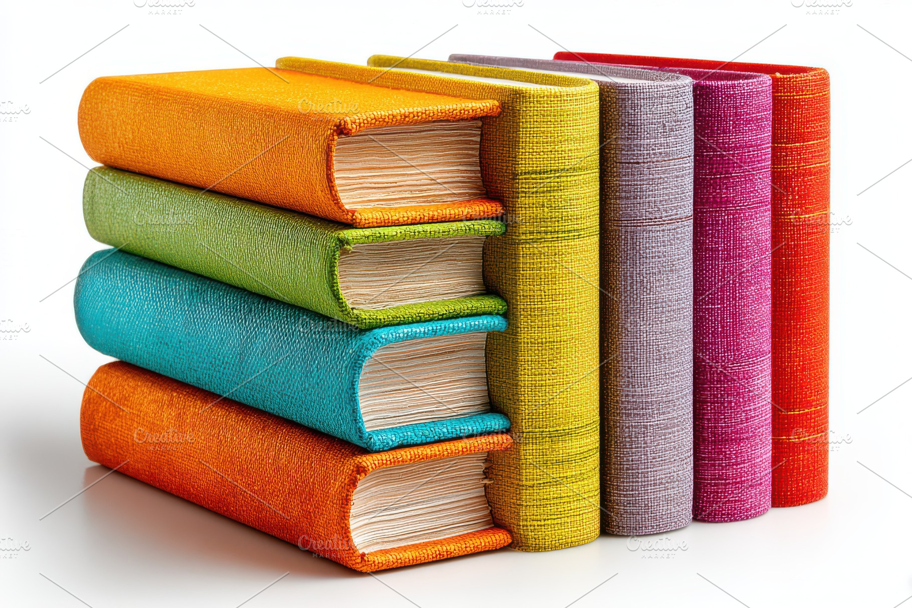 Colorful books stacked high educatio, a Photo by Pixeness Studio