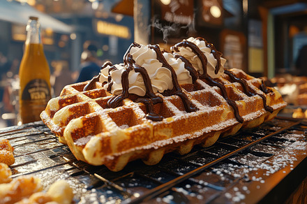 Waffle delight: golden waffle topped, a Background Photo by Pixeness