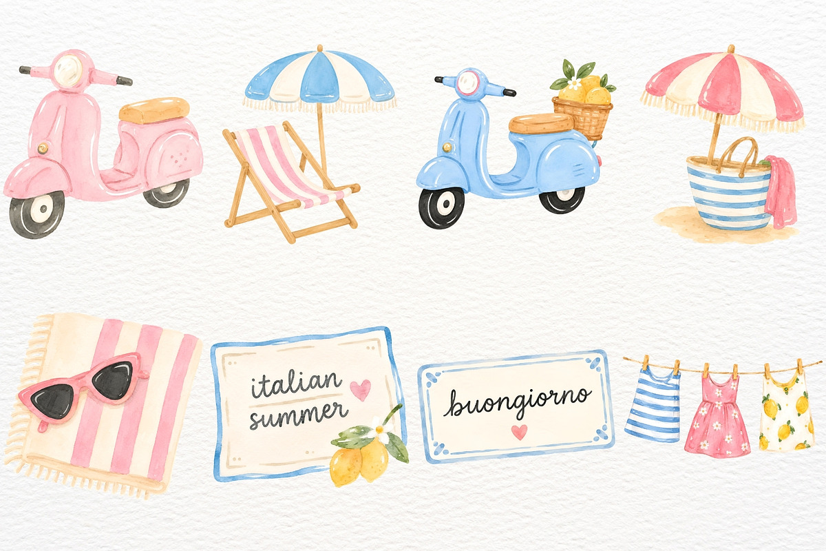 Italian Summer Clipart Coastal PNG, a Seasonal Illustration by SugarCloudStudioArt (Photo 3 of 7)