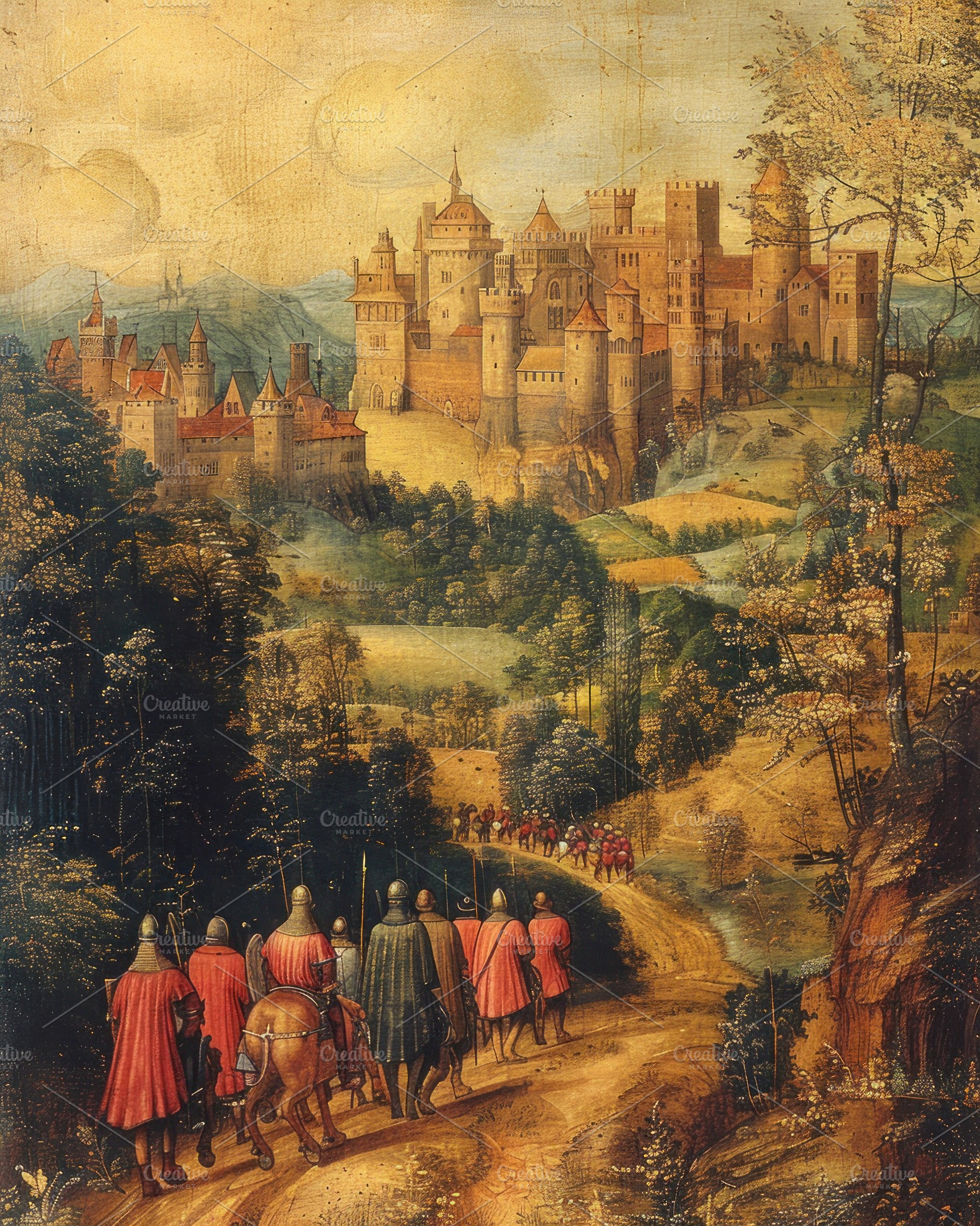 Medieval soldiers in red cloaks march along a winding path towar, a Nature Photo by José Manuel Gelpi