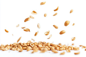 Peanuts falling against a pure white, a Photo by Pavel_design