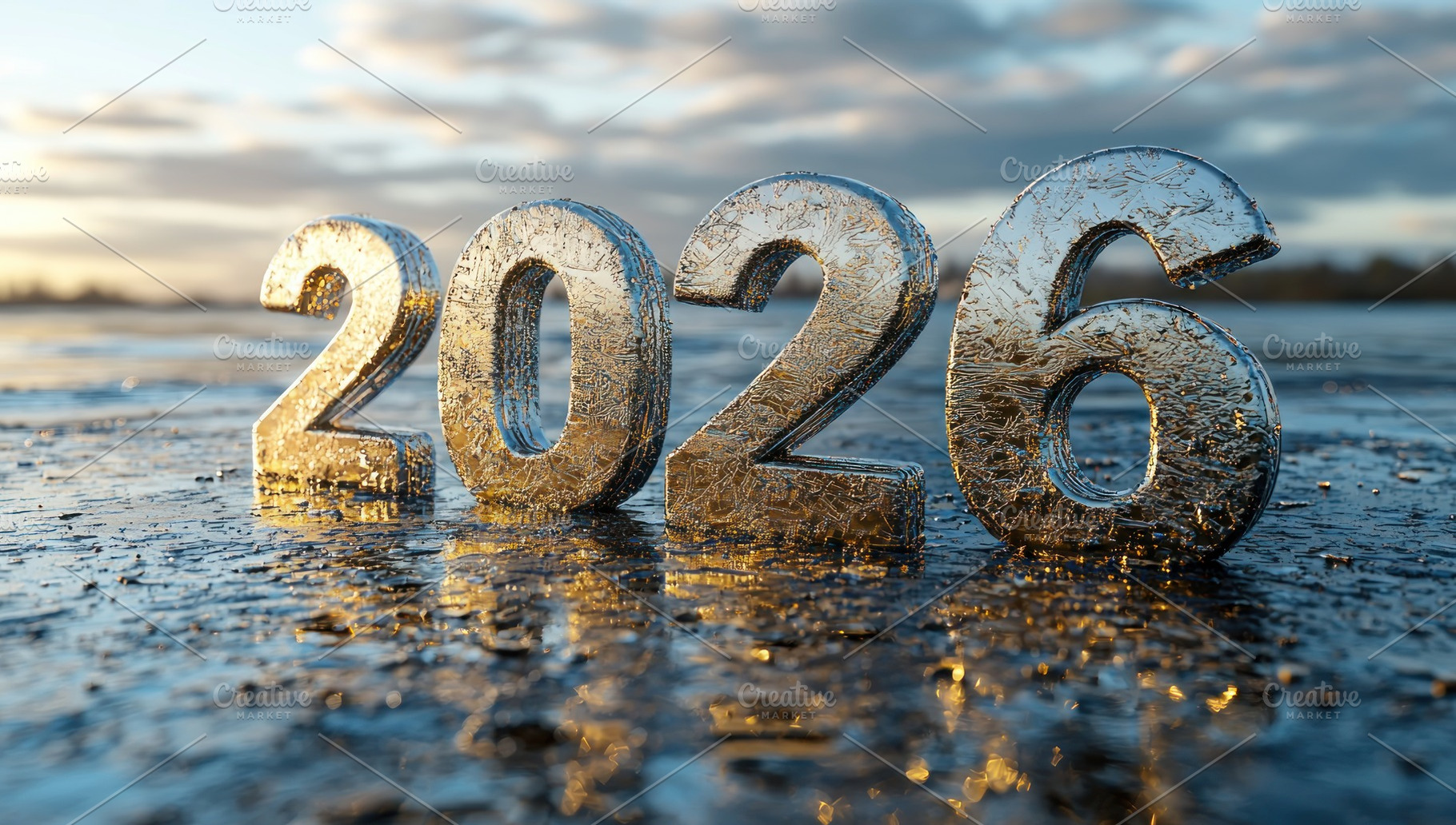 Frozen ice 2026 numbers on reflective surface at winter sunrise, a Background Photo by José Manuel Gelpi