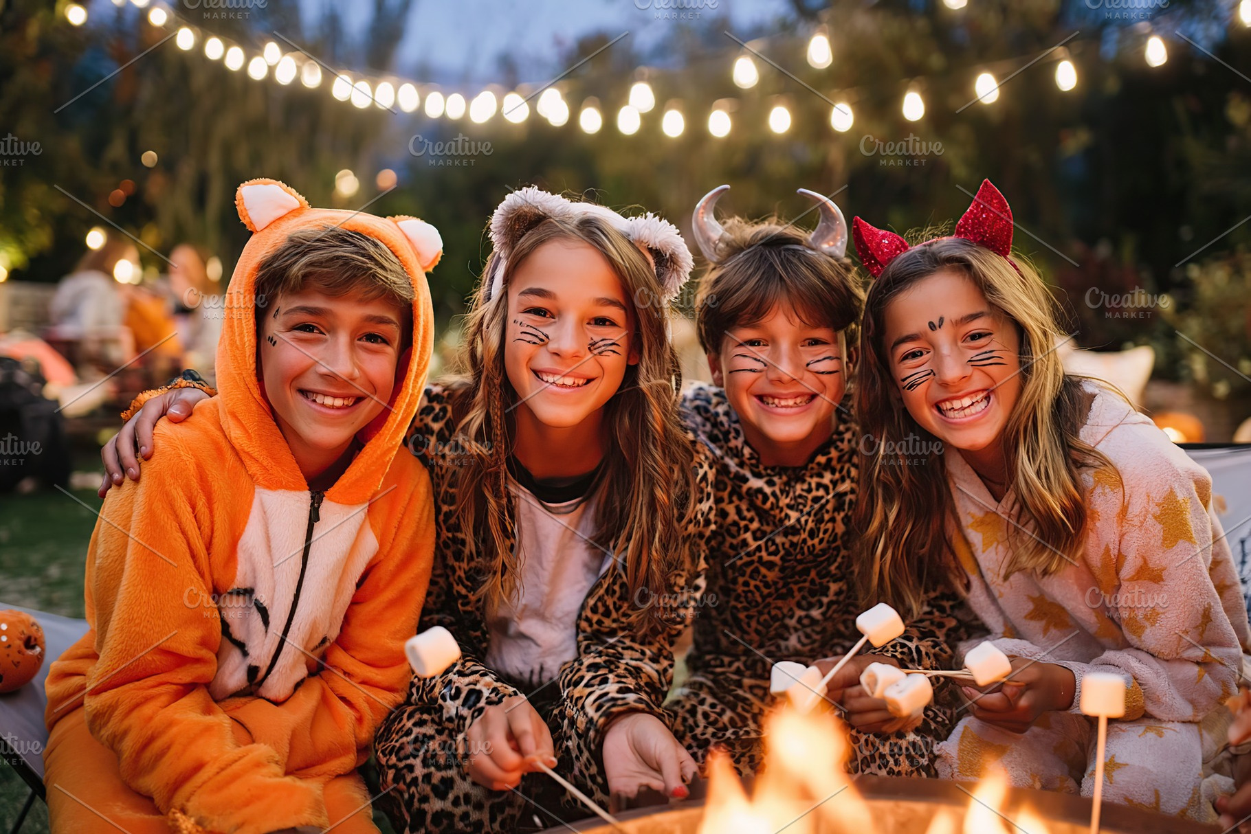 Kids enjoy a fun Halloween campfire gathering while wearing animal costumes at, a Holiday Photo by AlyaAnd