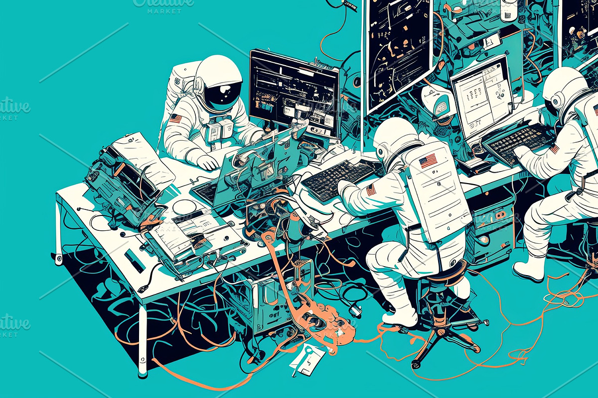 Team of astronauts analyzing data in a high-tech futuristic laboratory environm, an Illustration by AS photostudio