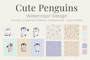 Cute Penguins Watercolor Collection