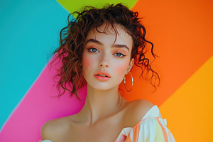 Young woman in light summer attire posing against a vibrant, colorful backgroun, a Person Photo by AlyaAnd