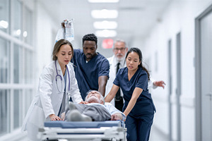 Medical team transporting patient