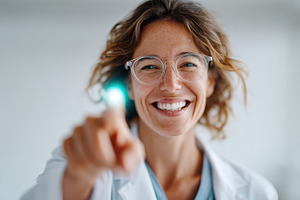 Smiling female doctor pointing in modern medical office, a Person Photo by AlyaAnd