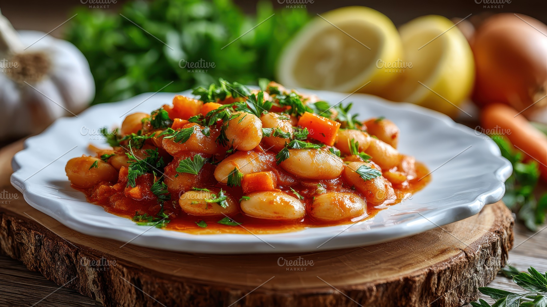 Delicious tomato beans stew garnishe, a Photo by Pixeness Studio