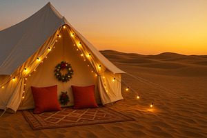 Desert holiday setting with tent and festive lights, christmas c, a Photo by Dvoevnore photos