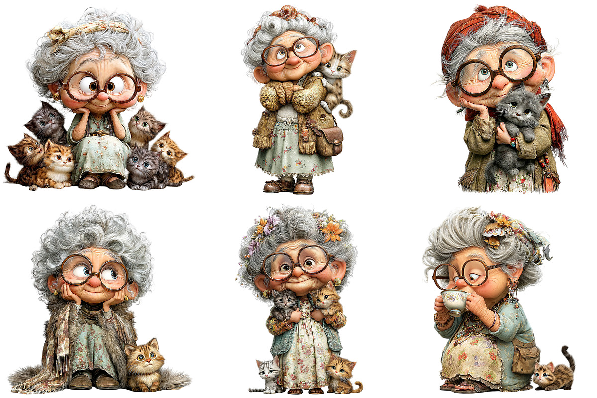 Whimsical Grandma with Kittens PNG, an Illustration by Craft Nest (Photo 2 of 9)