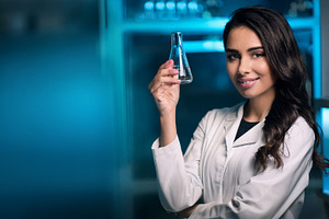 beautiful young chemist woman, AI generated, a Photo by WorldOfPhotos