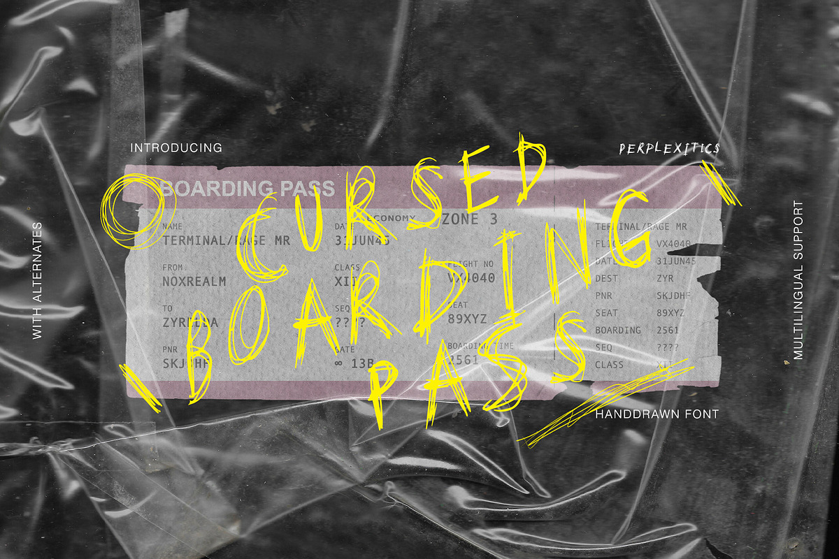 Cursed Boarding Pass Handdrawn Font, a Handwritten Font by Perplexitics (Photo 1 of 8)