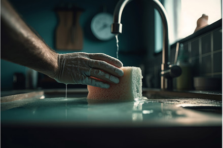 Hand wiping kitchen counter and sink, a Nature Photo by Ylivdesign
