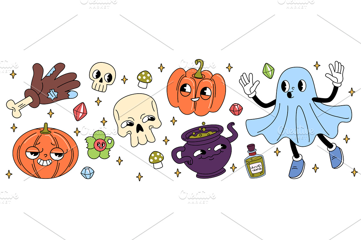 Cute groovy Halloween characters, an Illustration by art PVP - market