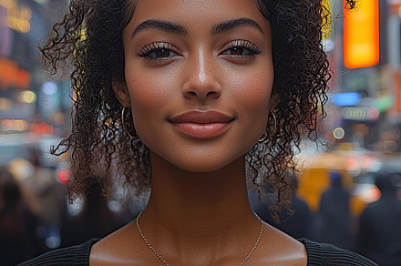 Young woman smiling in a vibrant urban setting with blurred city background, a Person Photo by AlyaAnd