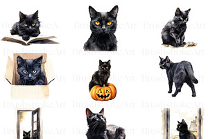 Watercolor Black Cat Clipart, Kitten