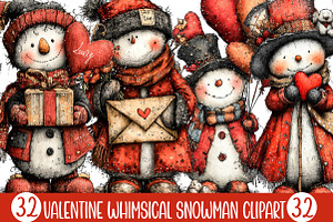 Valentine Whimsical Snowman Clipart, an Illustration by Designking