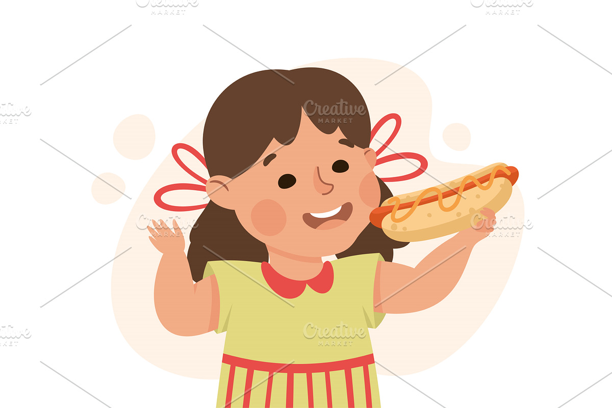 Cute little girl eating hot dog, a Person Illustration by TopVectors