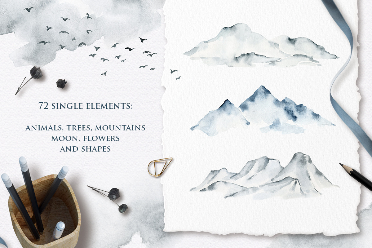 Misty mountains - watercolor clipart, a Decorative Illustration by long summer (Photo 7 of 10)