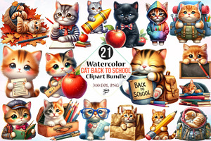 Watercolor Cat Back To School PNG, a Seasonal Illustration by Canvas Craft