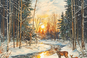 Watercolor Frozen River Forest