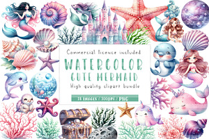 Cute mermaid watercolor clipart, an Illustration by CreationArt