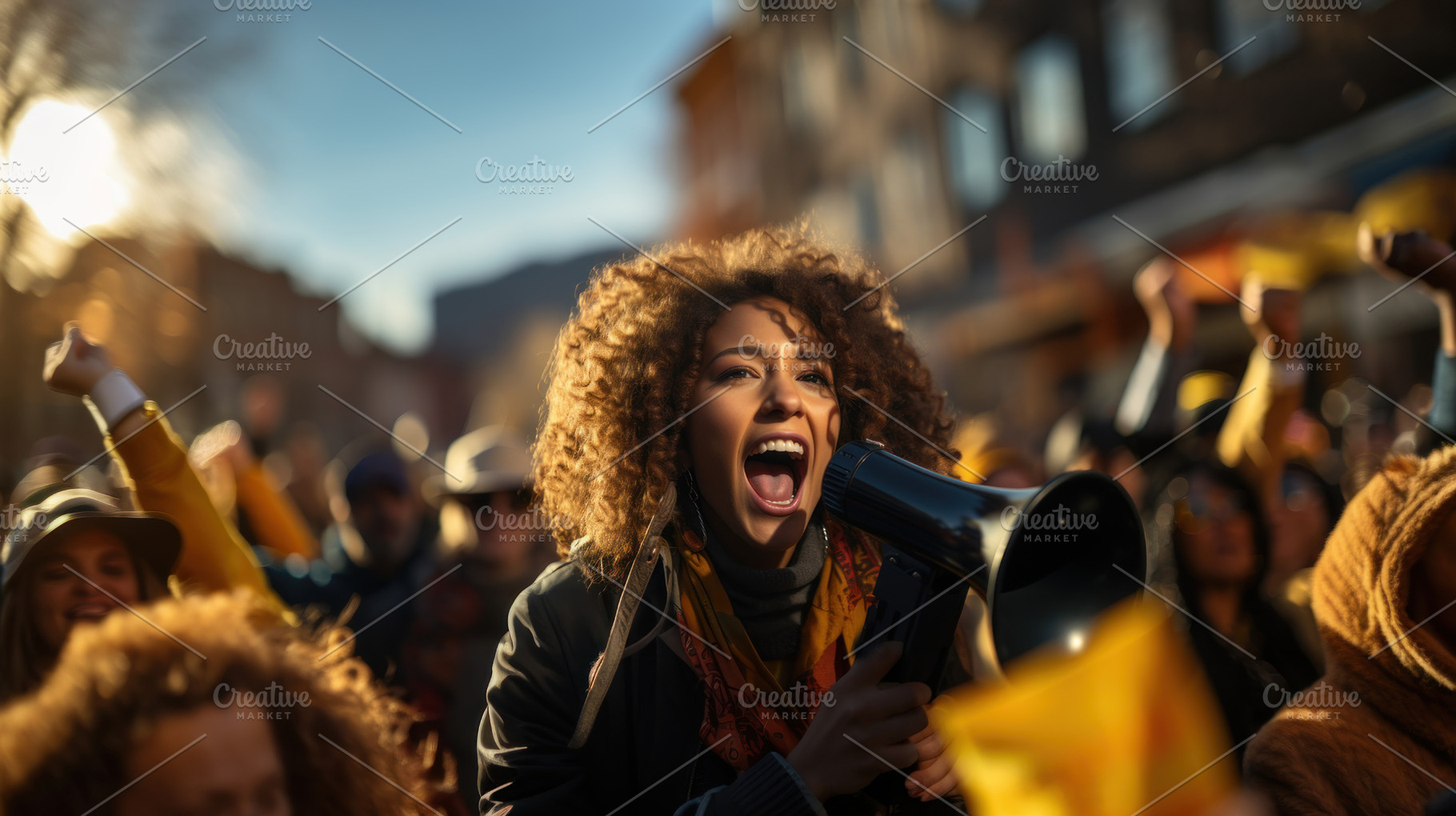 Arican American woman shouting through megaphone while being on, a Photo by AS photostudio