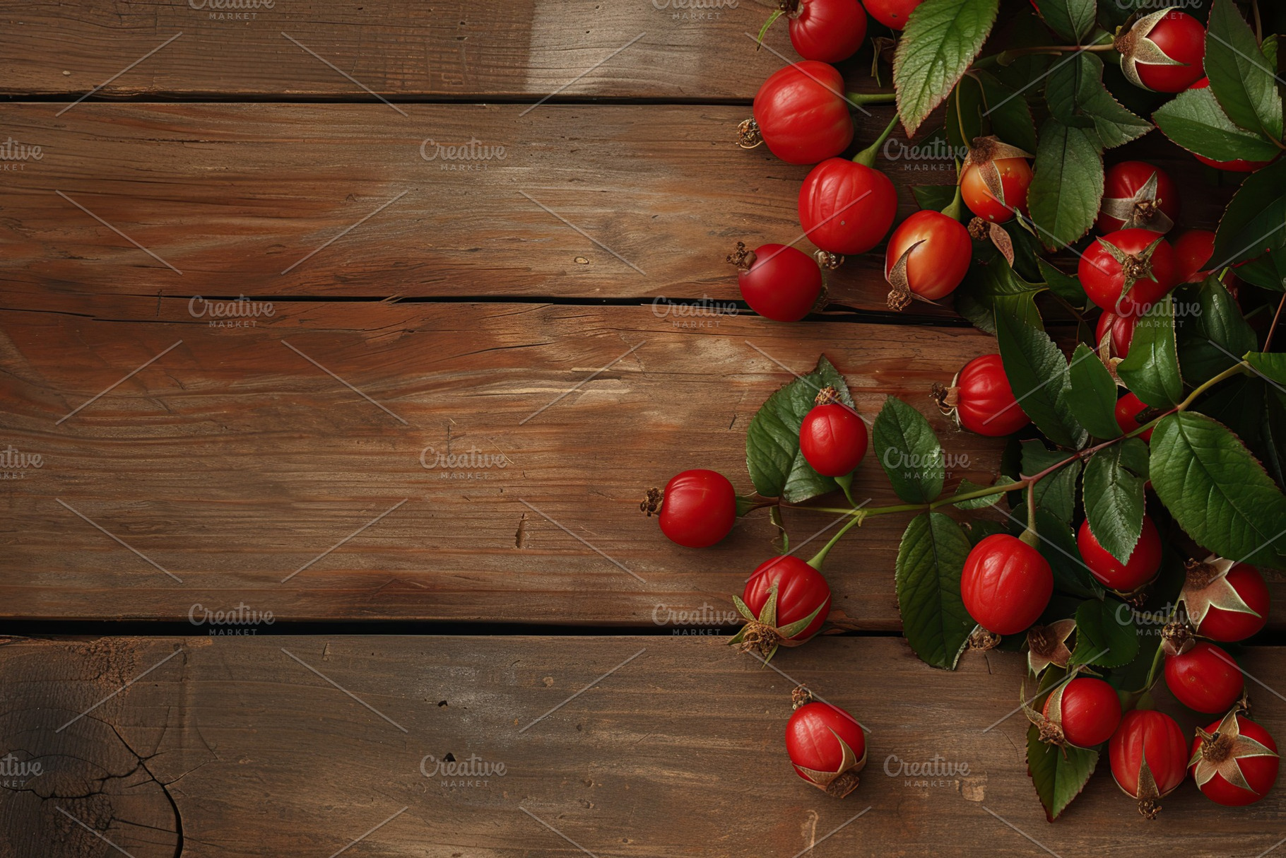 Red rose hip berries with copyspace on wooden background, a Food & Drink Photo by AlyaAnd