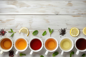 Flat lay of different cups of aromatic tea with copyspace on whi, a Food & Drink Photo by AlyaAnd