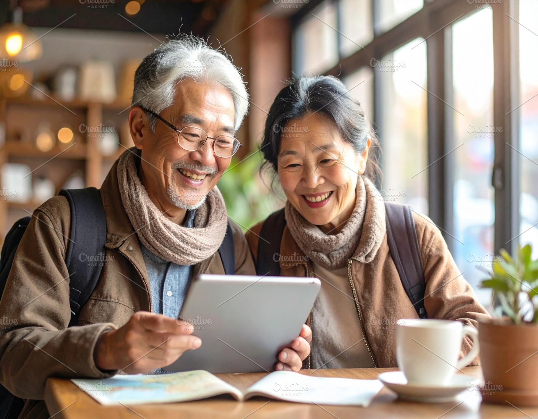 Senior couple with happy expression planning a trip on a tablet, a Person Photo by DanFLCreativo