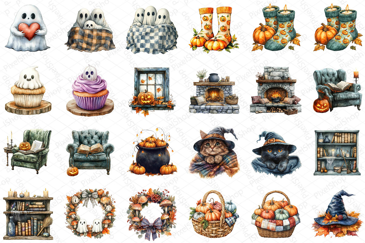 Watercolor Cozy Halloween Clipart, an Illustration by DreamPrint404 (Photo 2 of 5)
