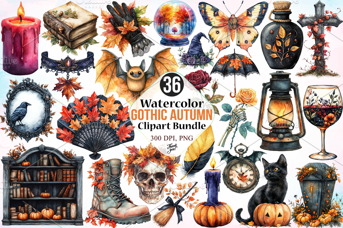 Watercolor Gothic Autumn Clipart PNG, a Seasonal Illustration by Canvas Craft (Photo 1 of 3)