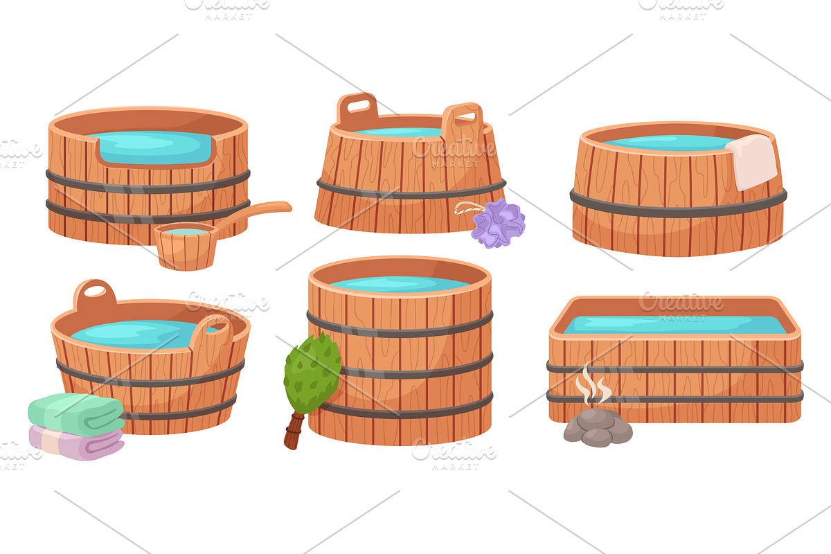 Wooden bath. Cartoon wood tubs with, an Illustration by winwin.art