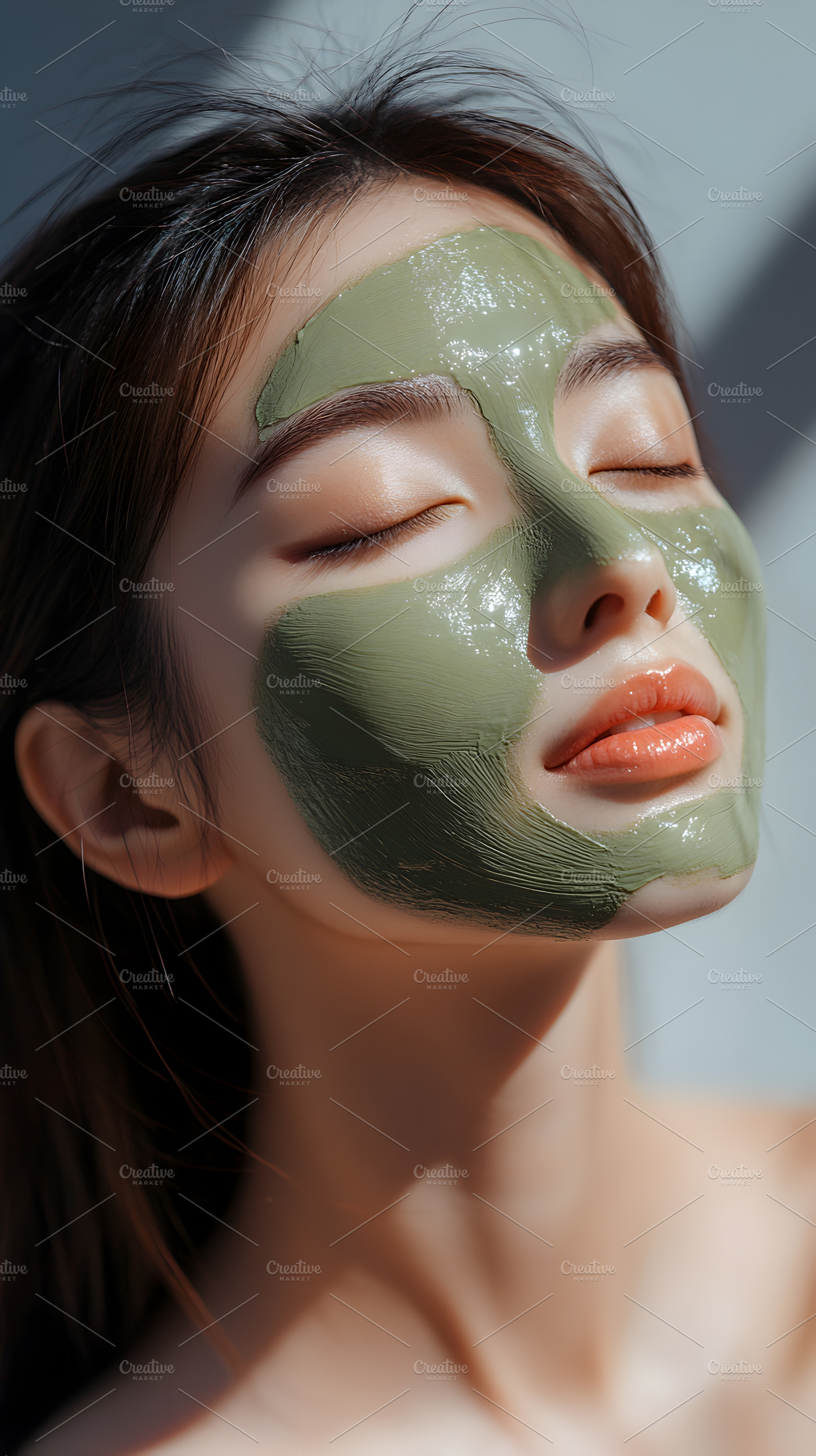 Woman relaxing with green clay face mask in sunlight, a Person Photo by Photostock