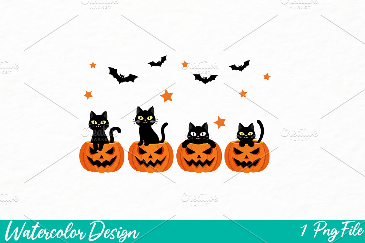 Black Cat And Pumpkin Design png, an Illustration by Watercolor design (Photo 1 of 3)