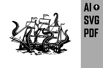 Octopus attack on sailboat., an Animal Illustration by Vectorhight