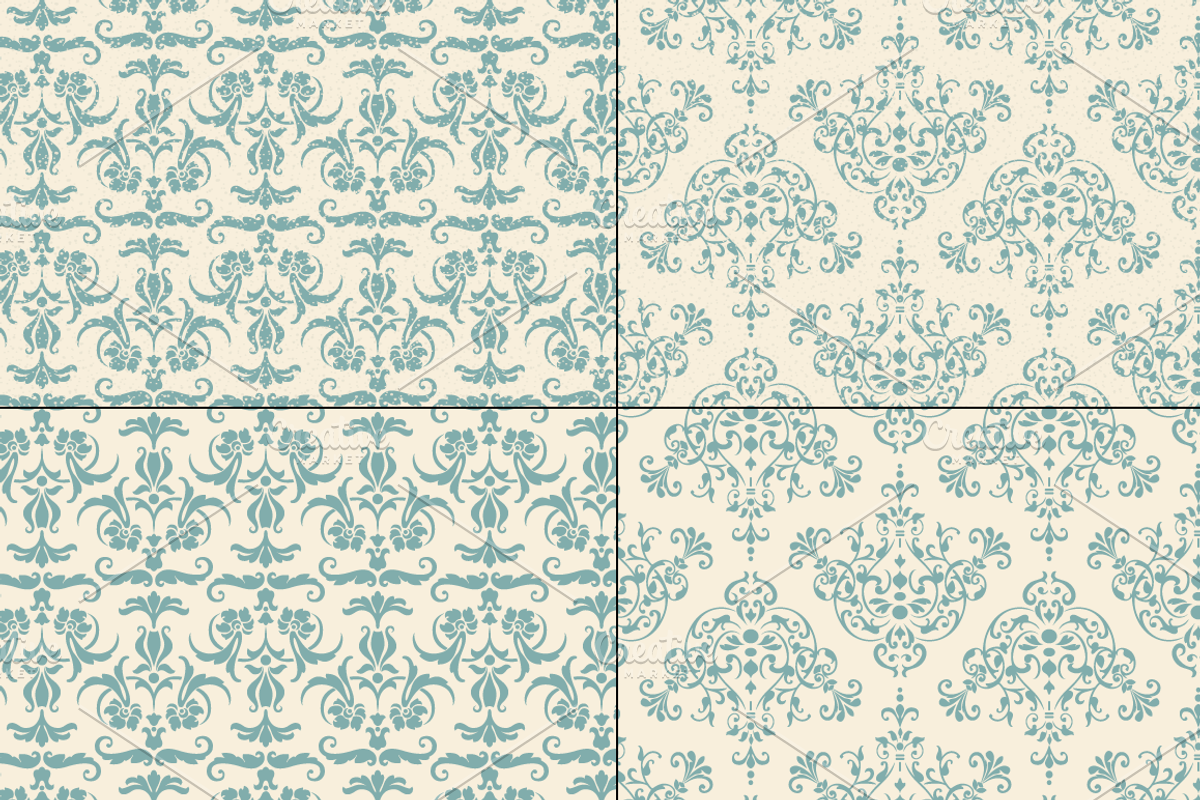Seamless Blue Damask Patterns preview 5
