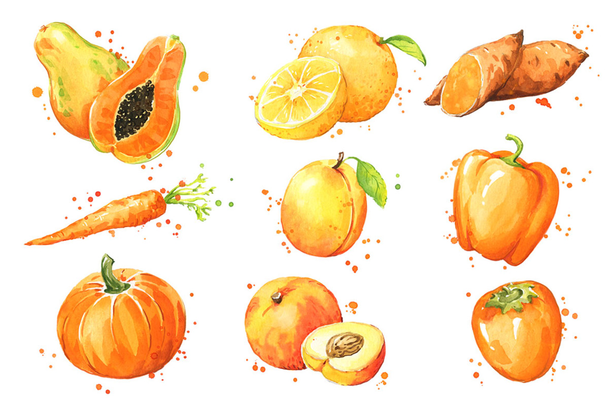 Set of orange foods, watercolor, a Food Illustration by Kamenuka (Photo 1 of 4)