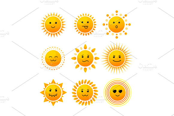 Sun Smile Icon Set. Vector